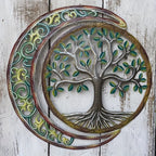 Moon & Green Tree Iron Wall Sculpture 15.75×15.75 Inch – Art Deco Metal Wall Hanging Decor for Home, Patio, Yoga Studio & Teahouse, Holiday Gift for Wedding, Christmas, Thanksgiving & Halloween