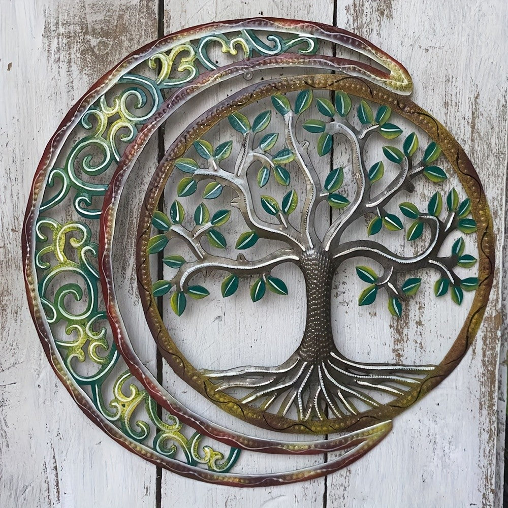 Moon & Green Tree Iron Wall Sculpture 15.75×15.75 Inch – Art Deco Metal Wall Hanging Decor for Home, Patio, Yoga Studio & Teahouse, Holiday Gift for Wedding, Christmas, Thanksgiving & Halloween
