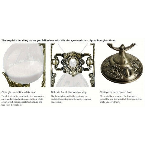 Vintage Brass Hourglass Sand Timer 15 Minute 360 Degree Rotating Engraved Metal Sand Clock for Home Office Desk Decoration Unique Gift