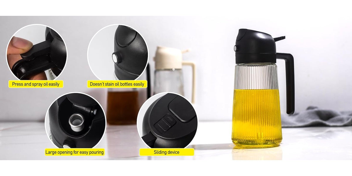16oz Glass Oil Dispenser Bottle 2-in-1 Spray & Pour – Ribbed Olive Oil Sprayer for Kitchen Cooking, Refillable Glass Oil Spritzer with Leak-Proof Pourer, 1pc or 2pcs