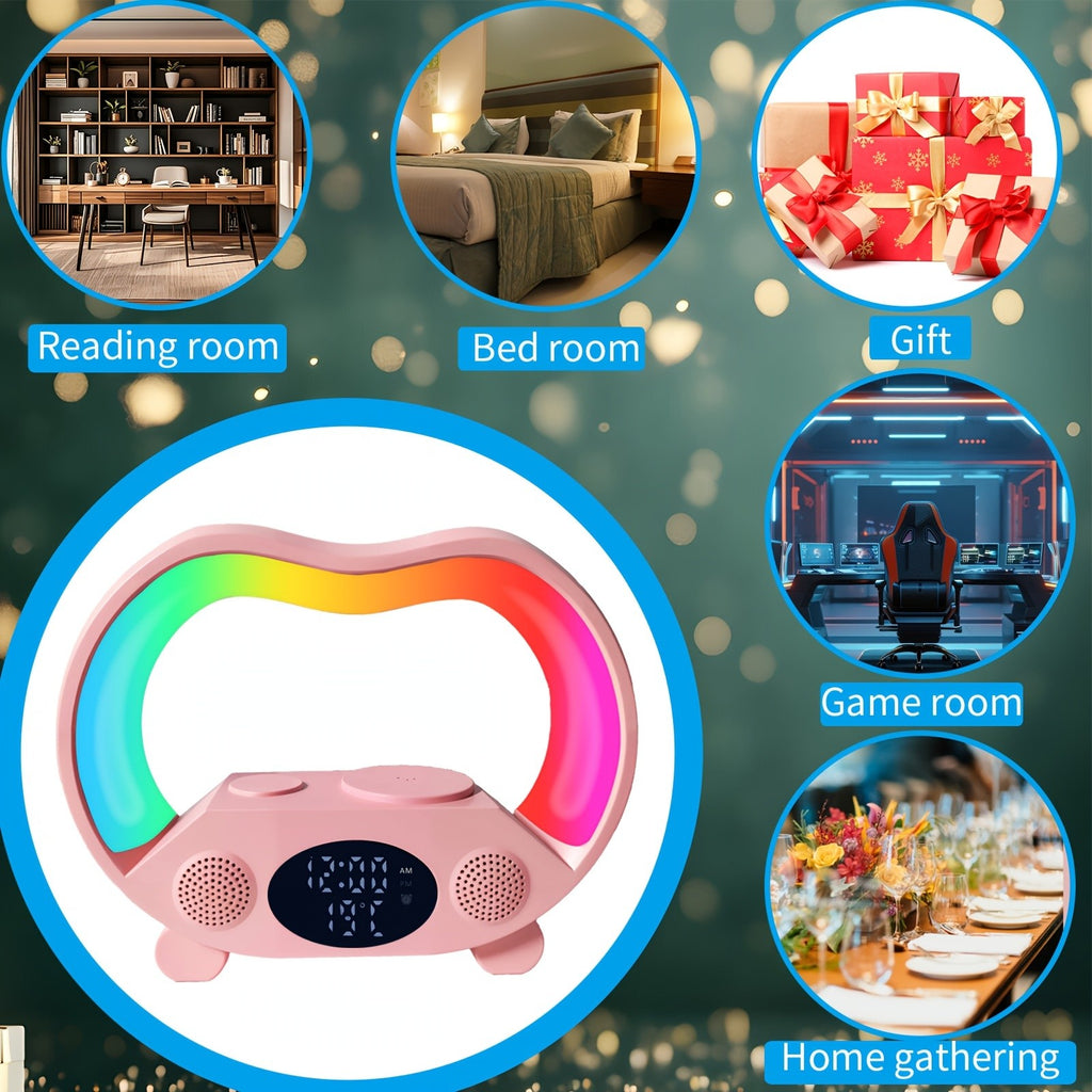 RGB Night Light 6 in 1 Wireless Speaker Alarm Clock Wireless Charging Phone Watch Temperature Display Bedroom Teen Gift Halloween Christmas Decor Black White