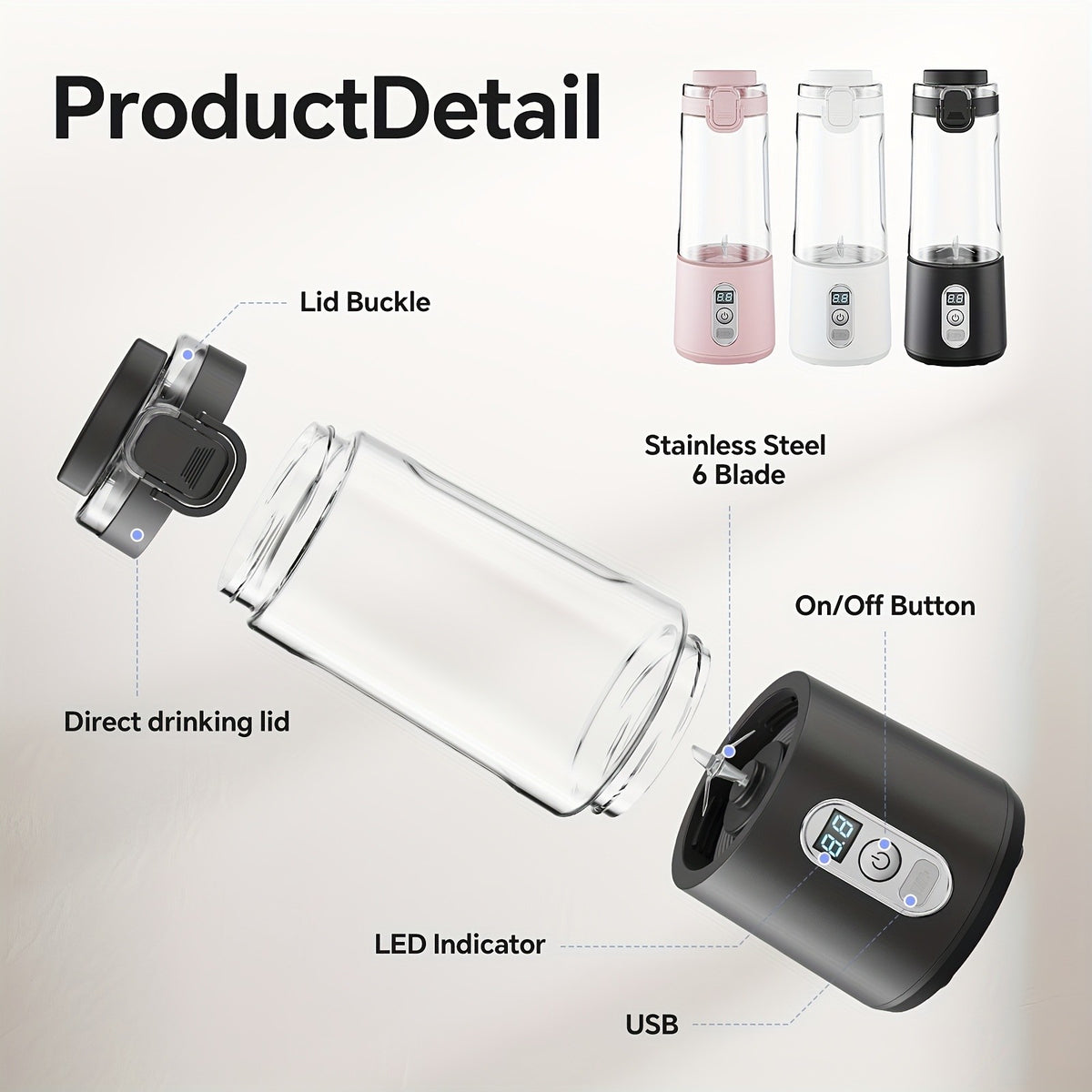 Portable Blender USB-C Rechargeable 6-Blade Stainless Steel – Ice Crush Smoothie Maker with Digital Timer, Battery Display & No-Spill Lid for Gym, Travel & Protein Shakes, Pink or White