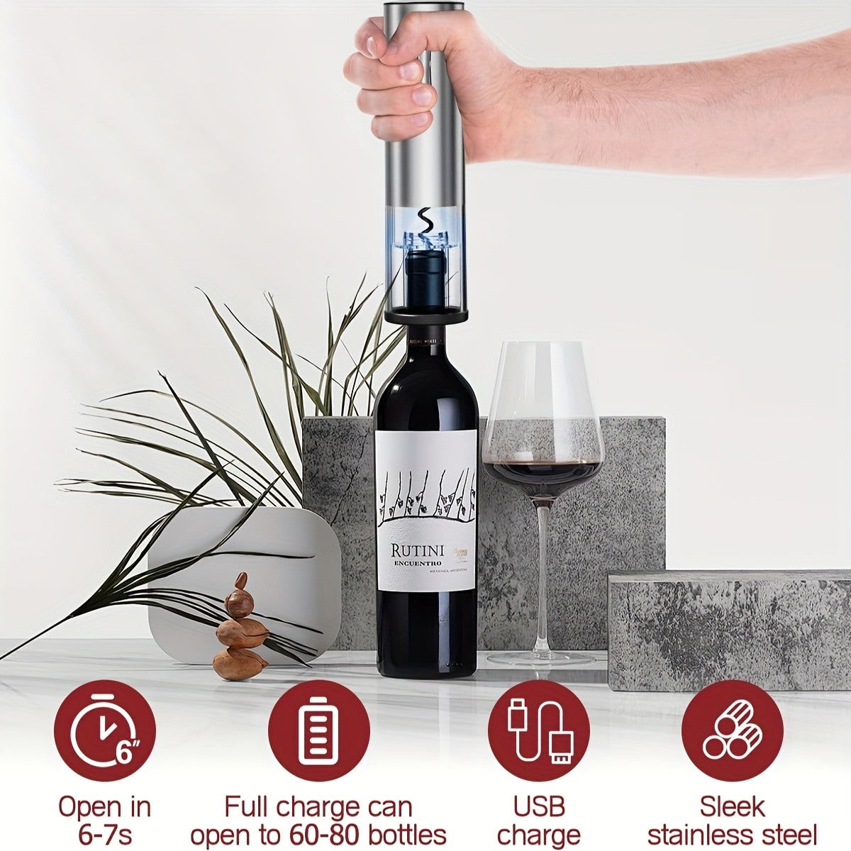 Electric Wine Opener Set 7-Piece Automatic Rechargeable Corkscrew with Wine Aerator Vacuum Stopper Foil Cutter USB Charging