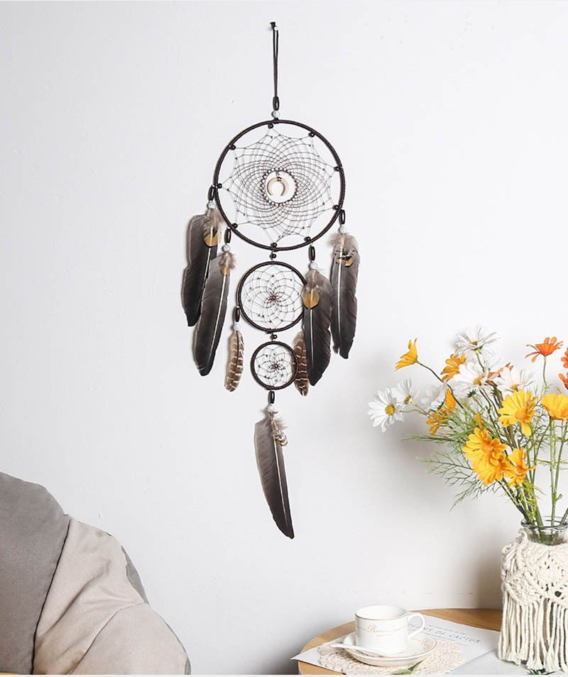 Handmade Feather Rattan Wind Chime Wall Hanging Boho Eclectic Bedroom Decor Dream Catcher Festival Gift Brown Rainbow