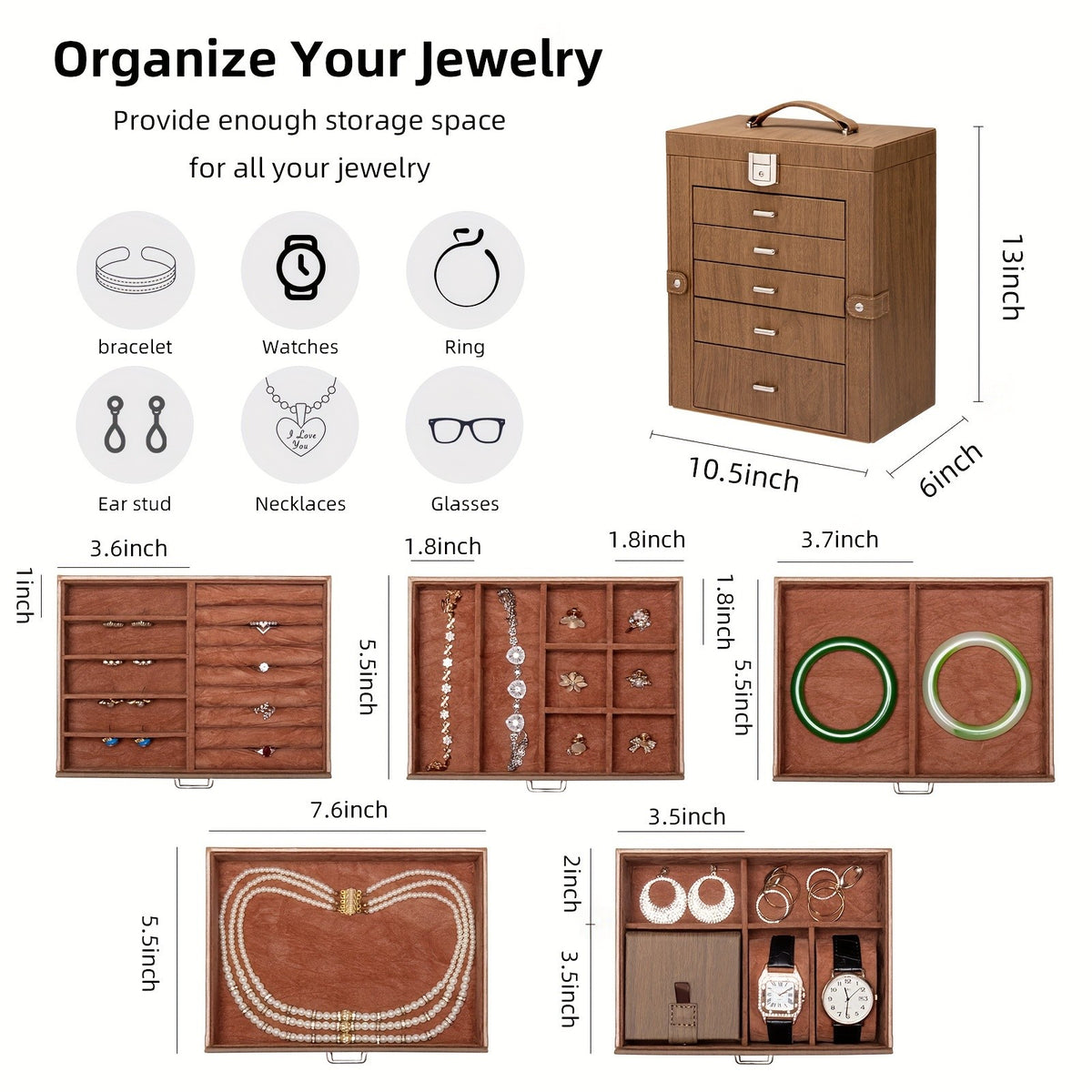Jewelry Box with Lock & Mirror, Large 6-Tier Jewelry Case with 5 Drawers, Lockable Jewelry Storage Organizer for Women, Girls & Loved Ones — Jewelry Armoire Gift
