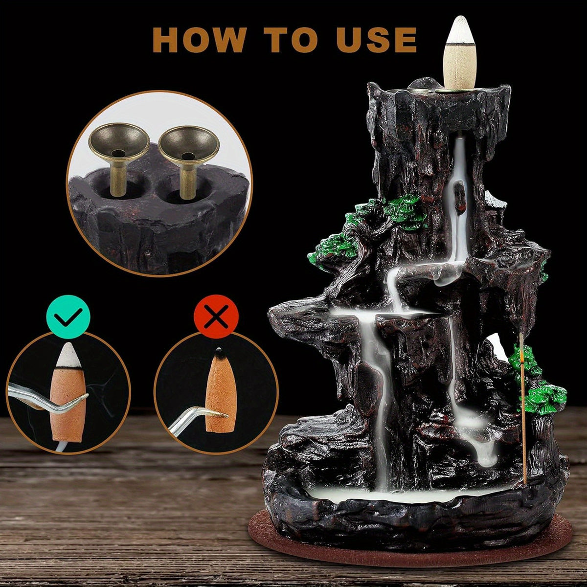 Backflow Incense Burner Waterfall Holder 2-Side Design with 120 Backflow Cones & 30 Incense Sticks - Aromatherapy Ornament for Home Decor, Meditation & Relaxation