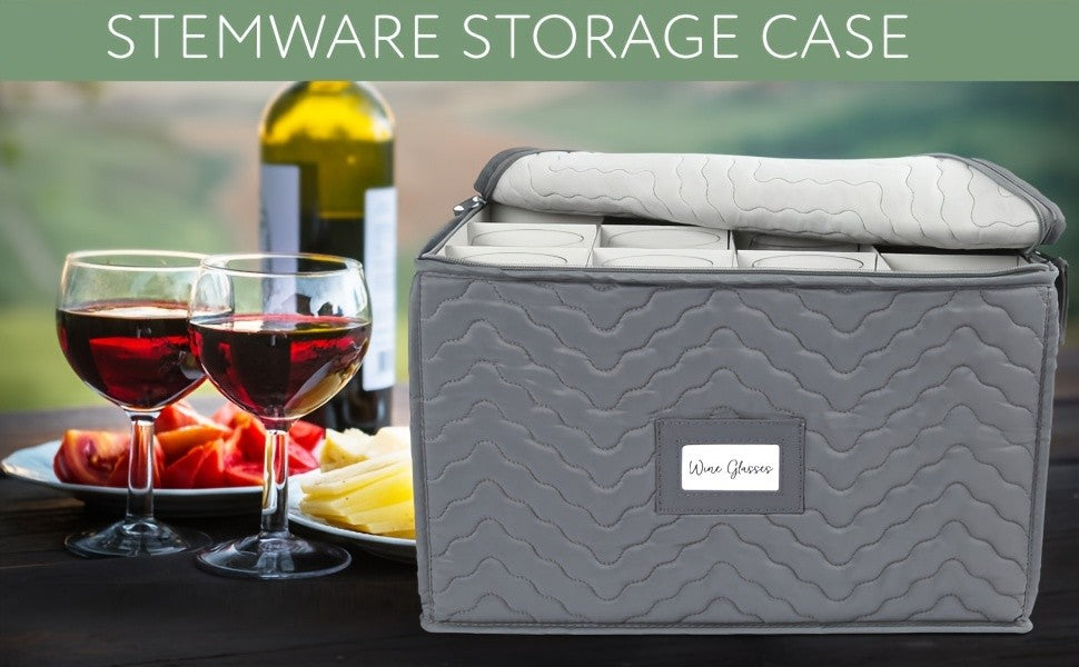 Quilted Stemware Storage Case 12-Compartment Wine Glass Storage Box with Dividers Collapsible 15.5x12.5x10in – Gray