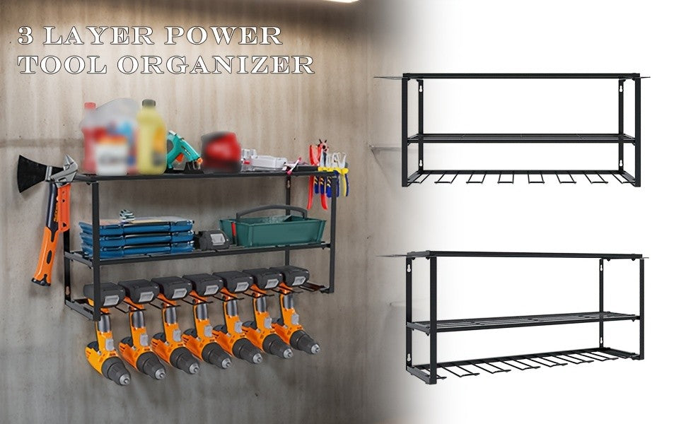 Power Tool Storage Rack Wall Mount – 150 lb Heavy-Duty 3-Tier Steel Organizer with 7 Bit Holders for Garage Workshop Shed Basement