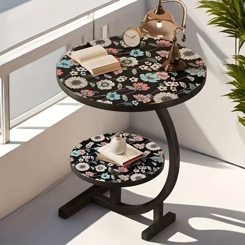 2-Tier Metal Outdoor Side Table, Floral Round Balcony & Patio Table, Sturdy Compact Design, Easy Assembly, for Patio, Courtyard, Balcony & Garden — Multiple Styles