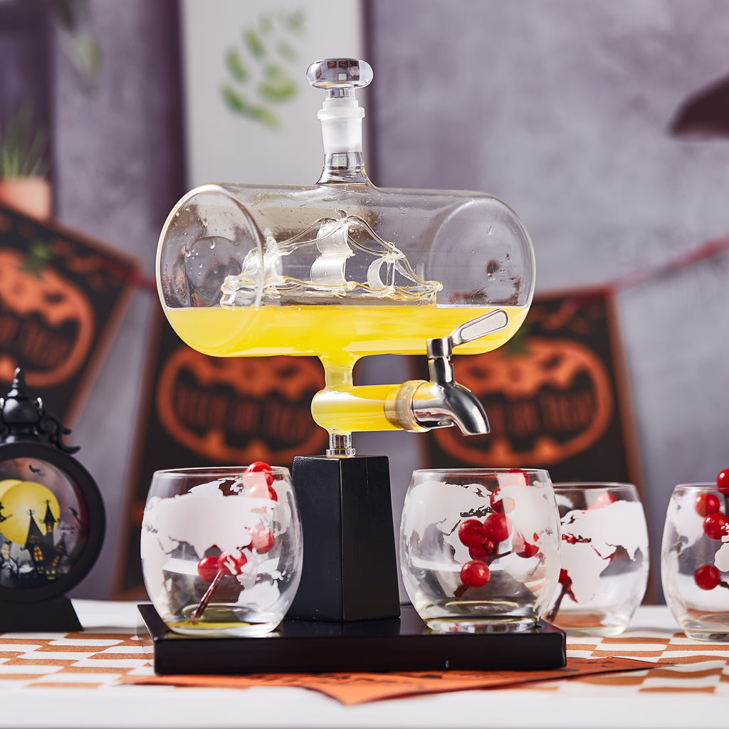 Whiskey Decanter Set with Glasses and Wooden Stand Globe Decanter Ball or Sailboat Design Gift for Whiskey Lovers Birthdays Weddings Anniversaries