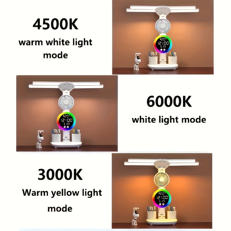 Smart Touch LED Desk Lamp USB Dual Head with Built-in Fan, 3-Color Dimmable, Smart Display, Pen Storage & Night Light – Eye-Caring Study & Home Office Lamp – 1 or 2 Pack