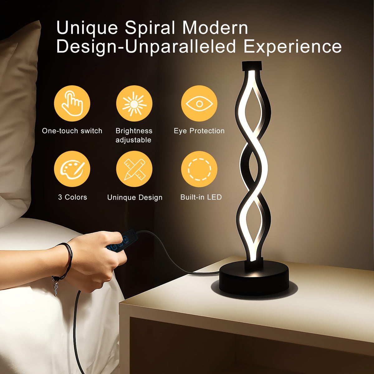 Spiral LED Table Lamp Dimmable 3-Color Modern Minimalist Bedside Lamp - Creative Wave Design Desk Lamp with Metal Base & USB Charging, Small Night Lamp for Bedroom, Living Room, Office & Study