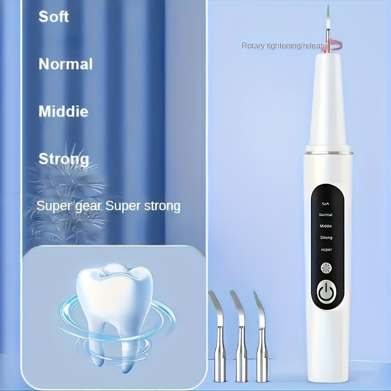Electric Plaque Remover Teeth Cleaner - LED Light 5 Mode Rechargeable Dental Scaler 3 Stainless Steel Heads Home Travel Oral Care Tool