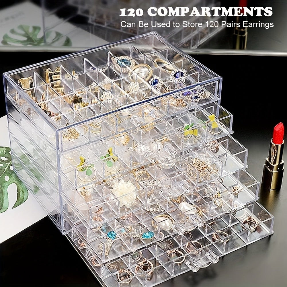 Acrylic Jewelry Storage Box 72/120 Slots Layered Organizer – Large Capacity Display Case for Earrings, Necklaces, Bracelets, Rings & Watches – Clear Stackable Jewelry Organizer Box for Women