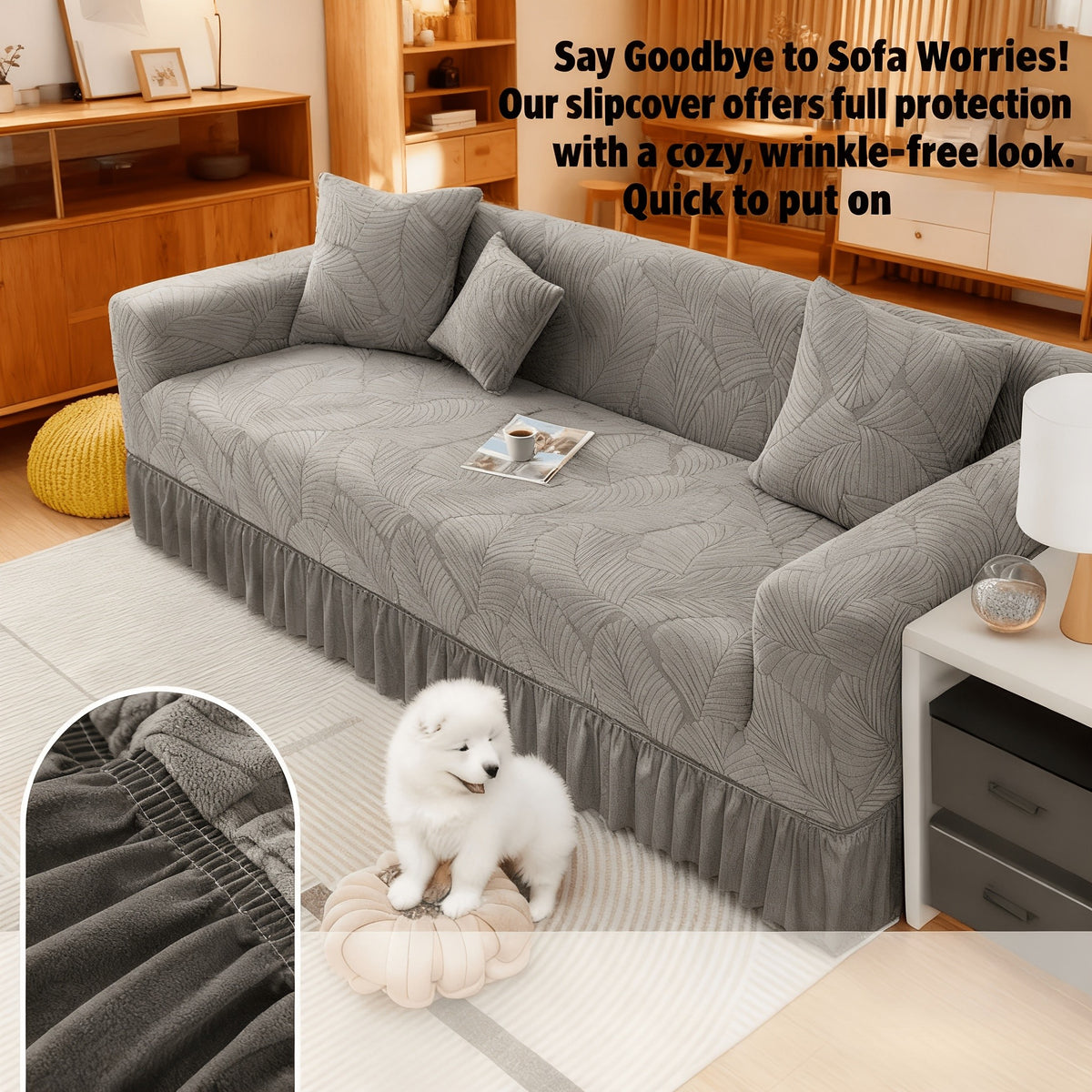 3D Jacquard Sofa Slipcover Full Cover with Elastic Skirt, Pet Proof Anti-Slip Couch Protector for 1 2 3 4 Seater Living Room Sofa, Machine Washable, Gray & Blue, 35 to 118 Inch
