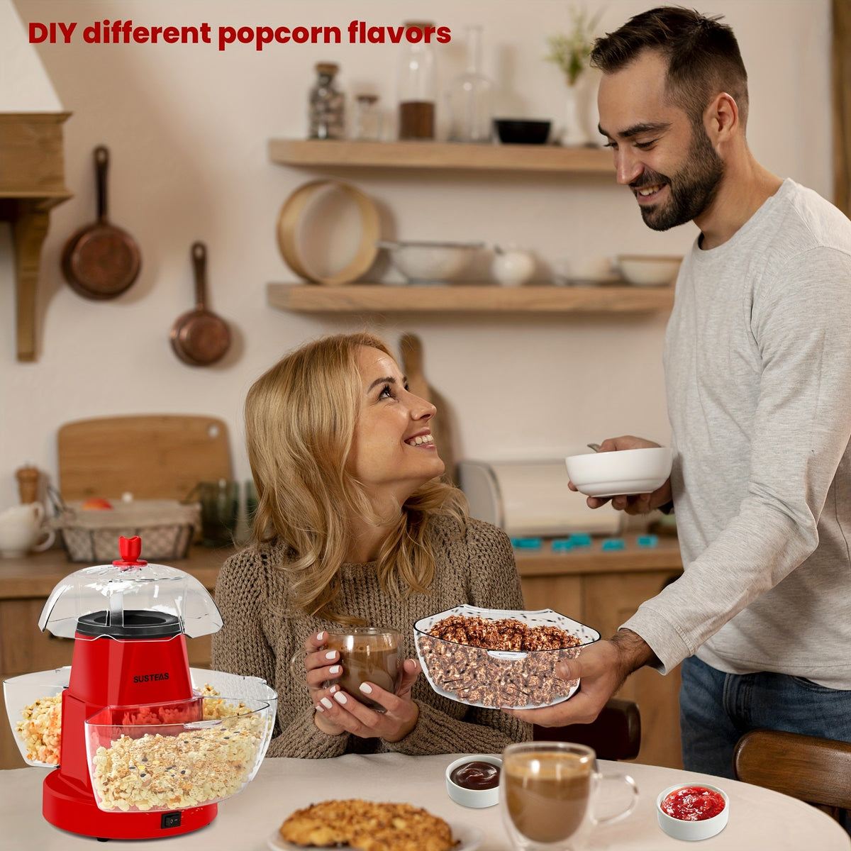 Hot Air Popcorn Maker 1200W Oil-Free Electric Popcorn Popper with 4 Serving Bowls, 95% Pop Rate, Ready in 3 Minutes, Overheating Protection – Healthy Snack Machine for Movie Nights & Parties