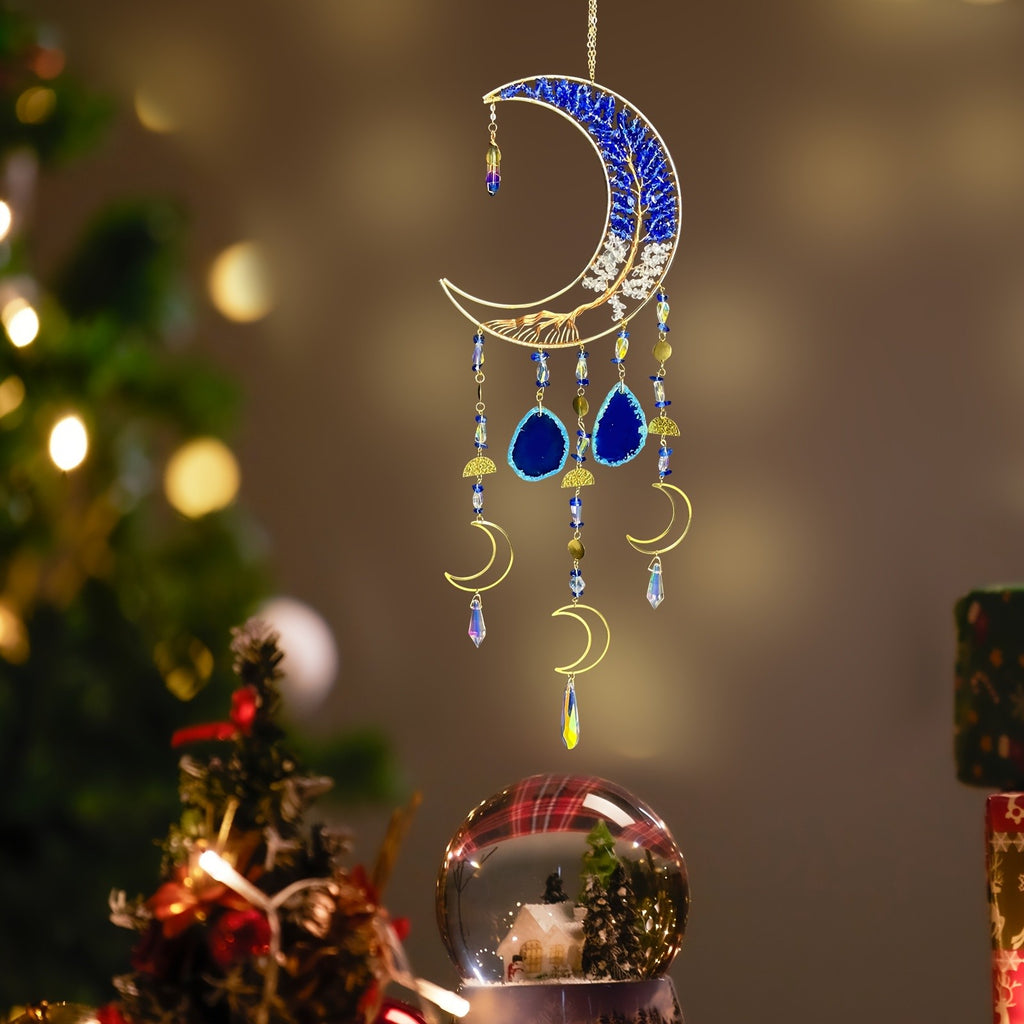 Handmade Moon Agate Tree Hanging Ornament – Boho Suncatcher Crystal Wall Decor | Birthday, Christmas & Holiday Gift for Mom, Friends & Her