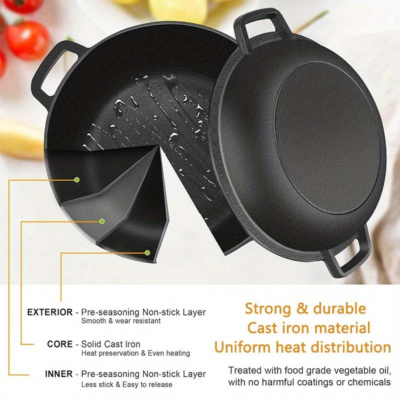 Cast Iron Dutch Oven Set 2-in-1 – 6.1QT Deep Pot & 1.9QT Frying Pan Lid, 6-Piece with Silicone Handles, Scraper & Iron Frame | Pre-Season Ready, Oven, Stove, BBQ & Induction Safe
