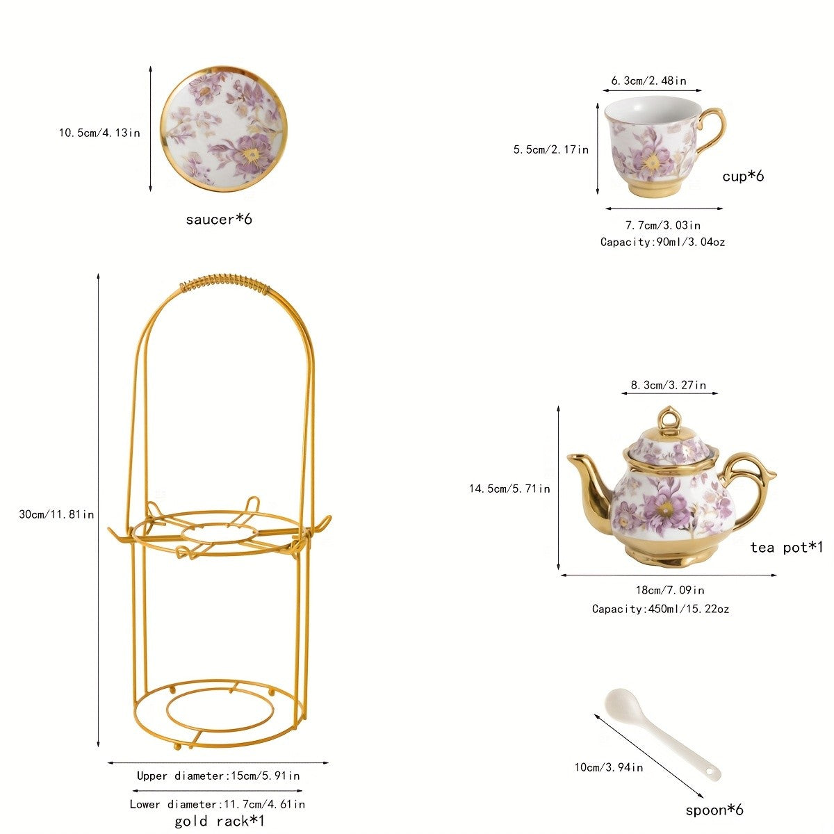 20-Piece Floral Porcelain Tea Set with Metal Holder & Teapot - European Ceramic Espresso Cup and Saucer Set, 3.3oz Cups 15oz Teapot, Afternoon Tea Gift for Golden Pink Purple Flower