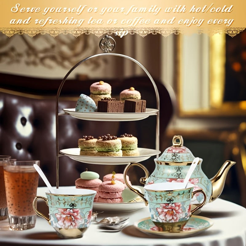 20 Piece Ceramic Tea Set Floral Design – European Afternoon Tea Service with Teapot, Cups, Saucers & Metal Stand – Blooming Style, Gift for Tea Lovers