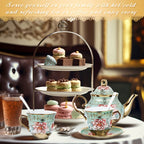 20 Piece Ceramic Tea Set Floral Design – European Afternoon Tea Service with Teapot, Cups, Saucers & Metal Stand – Blooming Style, Gift for Tea Lovers
