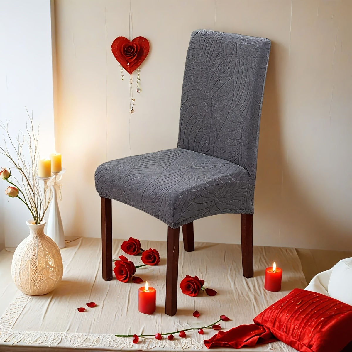 Stretch Jacquard Dining Chair Covers Set of 4 or 6 Removable Washable Polyester-Elastane Slipcovers – Chair Protector for Kitchen Home Hotel Restaurant, Valentine's Day Home Decoration