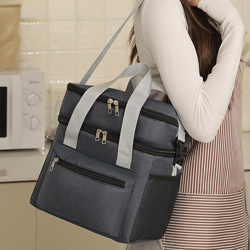 Large Capacity Insulated Lunch Bag with Shoulder Strap Double Pocket Thickened Cooler Tote for Work School Picnic Beach Men Women Black Grey Burgundy