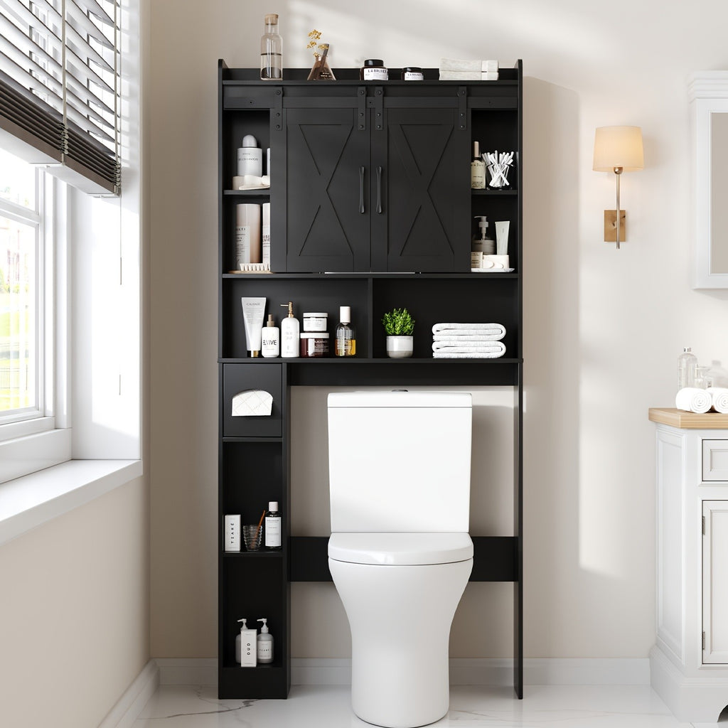 Farmhouse Over Toilet Cabinet with Sliding Doors Engineered Wood Adjustable Shelf Toilet Paper Holder Stand Space Saving Bathroom Storage No Wall Mount Multiple Colors