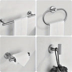 Matte Black Bathroom Hardware Set 7 Piece 304 Stainless Steel – 16" Towel Bar, Paper Holder, Towel Ring & 4 Robe Hooks Wall Mounted