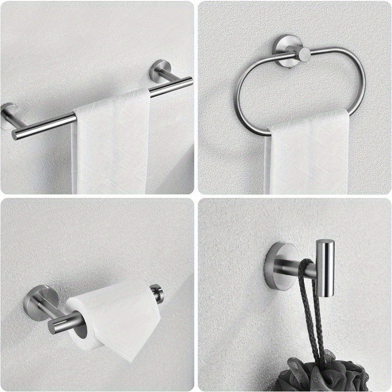 Matte Black Bathroom Hardware Set 7 Piece 304 Stainless Steel – 16" Towel Bar, Paper Holder, Towel Ring & 4 Robe Hooks Wall Mounted