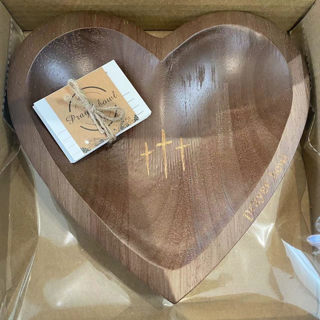 Wooden Heart Prayer Bowl & 30 Prayer Card Set Handcrafted Retro Decorative Bowl with Carved Cross – Christian Home Decor Easter Religious Gift for Prayer Room, Kitchen & Living Space
