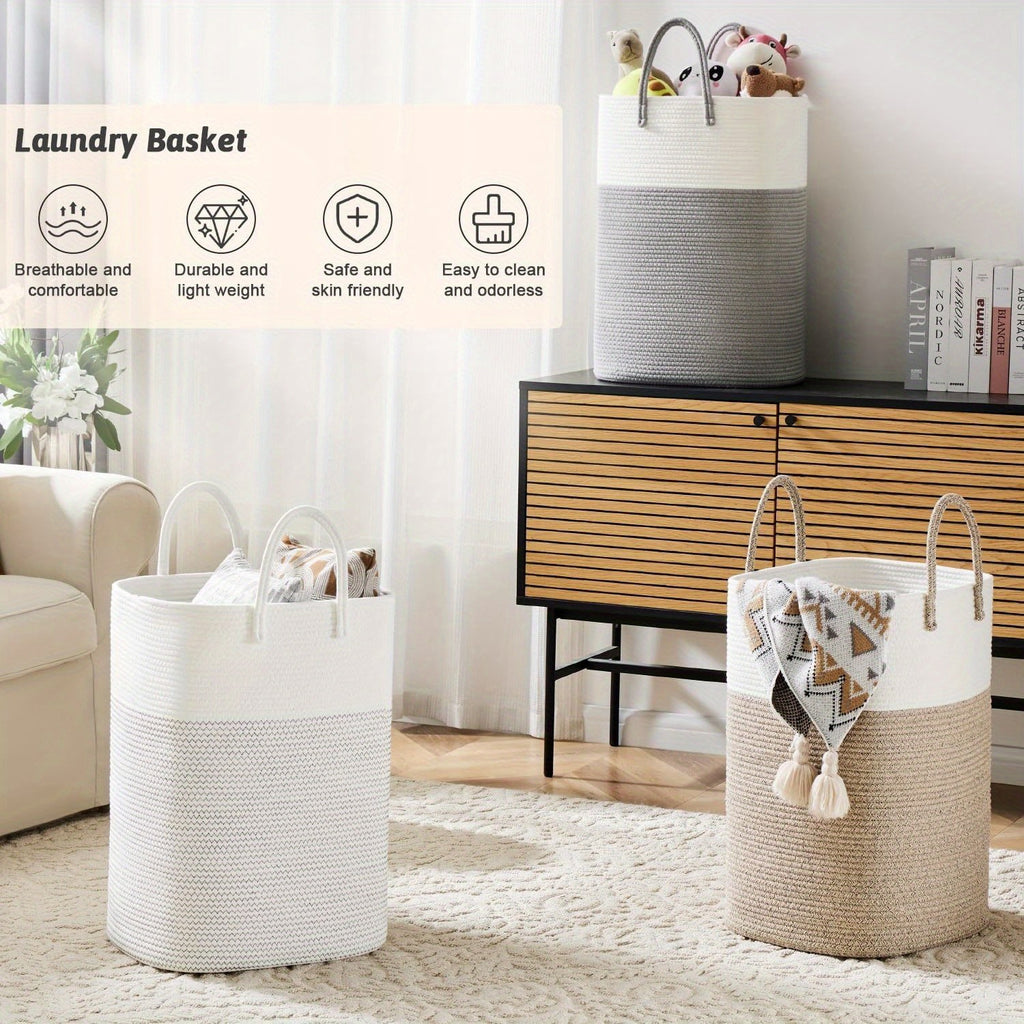 Woven Cotton Rope Laundry Basket Jumbo Size 10.57–26.42 Gal, Multifunctional Storage Bin for Dirty Clothes Blankets Toys – Bathroom Living Room Bedroom Hamper, Bohemian Home Decor Laundry Organizer