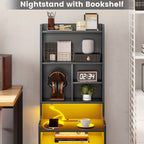 Tall Nightstand with LED Lights & Charging Station | 2 Drawers, Bookshelf & Storage Shelves, 50" Bedside End Table – Gray & Black