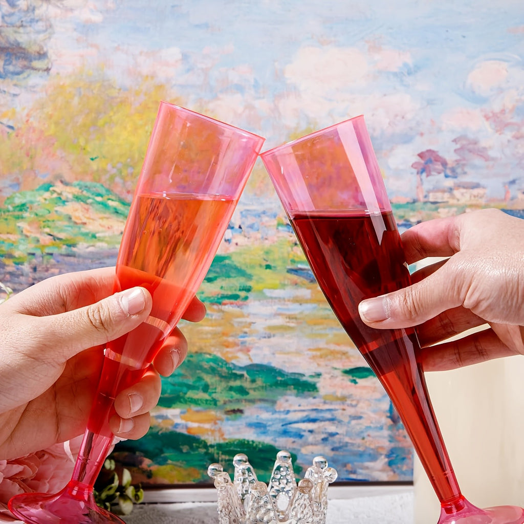Pink Plastic Champagne Glasses 25 or 50 Pack Transparent Disposable Mimosa Cups BPA-Free PS Flutes for Weddings Cocktails Holidays Outdoor Events