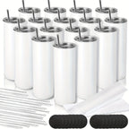 20oz Blank Sublimation Stainless Steel Insulated Tumbler with Straw Lid & Brush – Bulk Pack (4/8/16/20/50-Pack) for Iced Coffee, Juice, Camping & Events