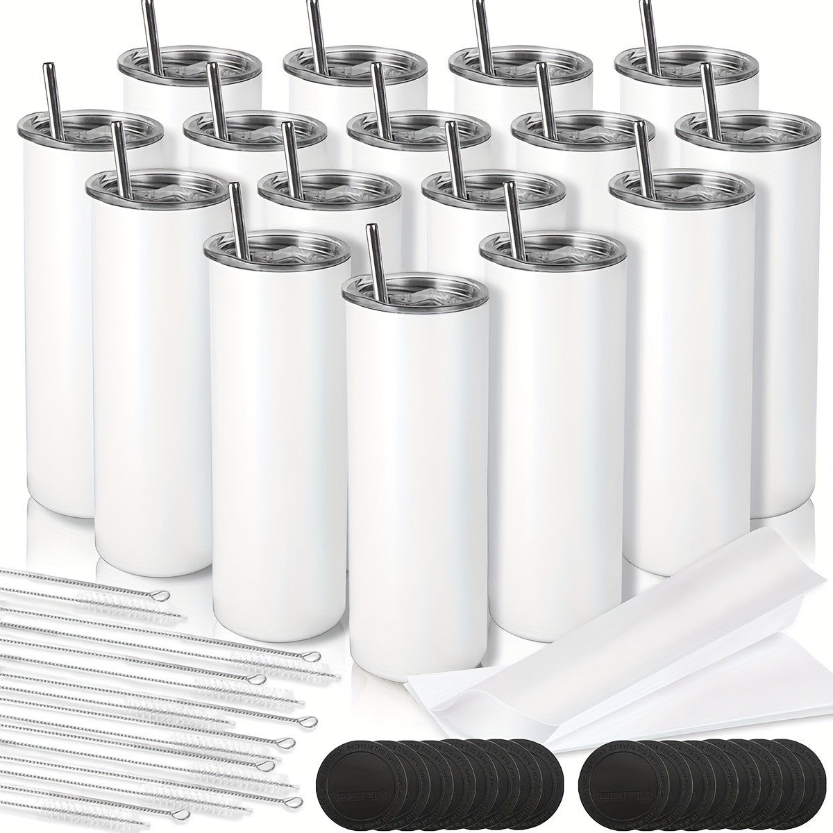 20oz Blank Sublimation Stainless Steel Insulated Tumbler with Straw Lid & Brush – Bulk Pack (4/8/16/20/50-Pack) for Iced Coffee, Juice, Camping & Events