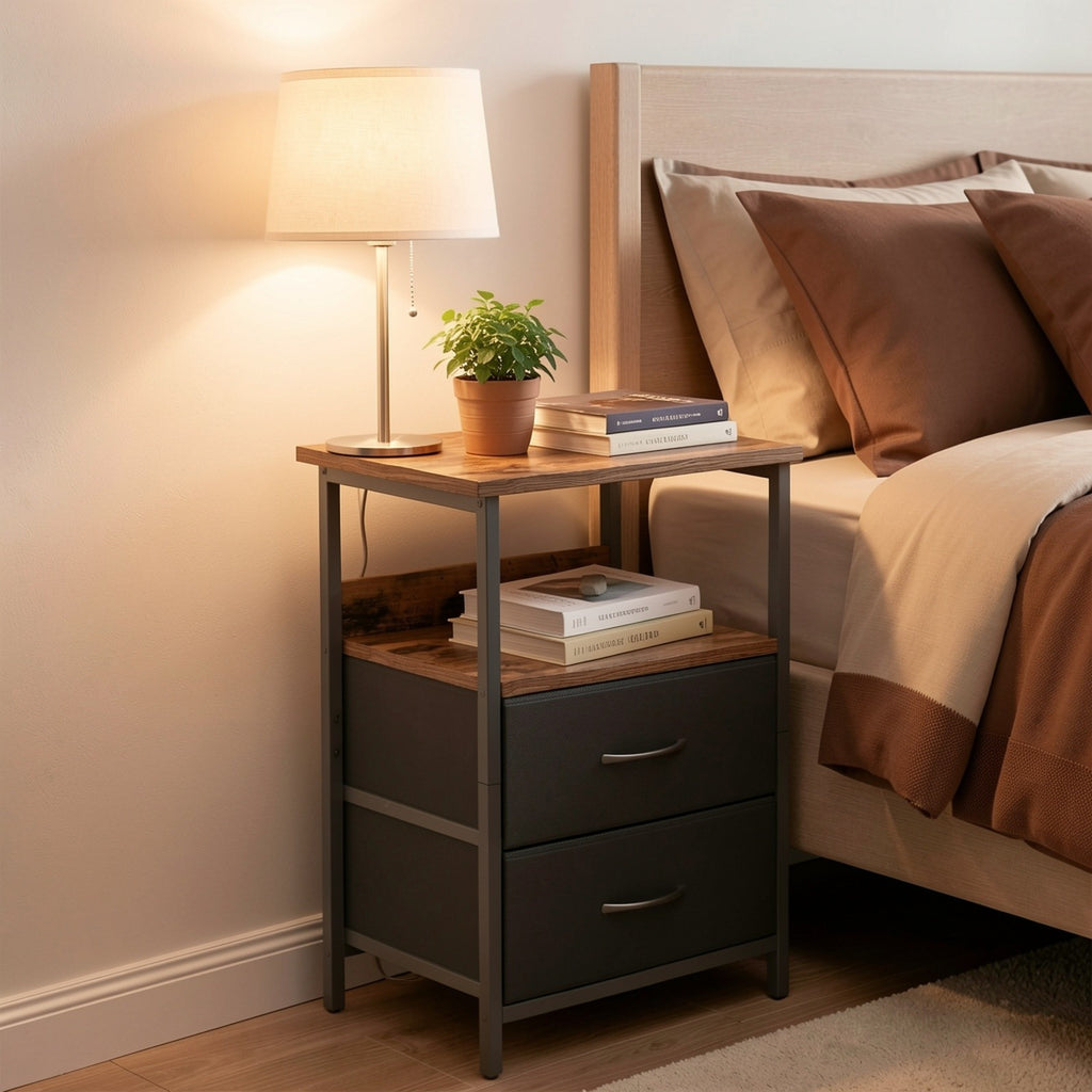 Nightstand with Built-in LED Lamp USB Port & Outlet – 1 or 2 Drawers Bedside Table for Bedroom Living Room, Black Brown White