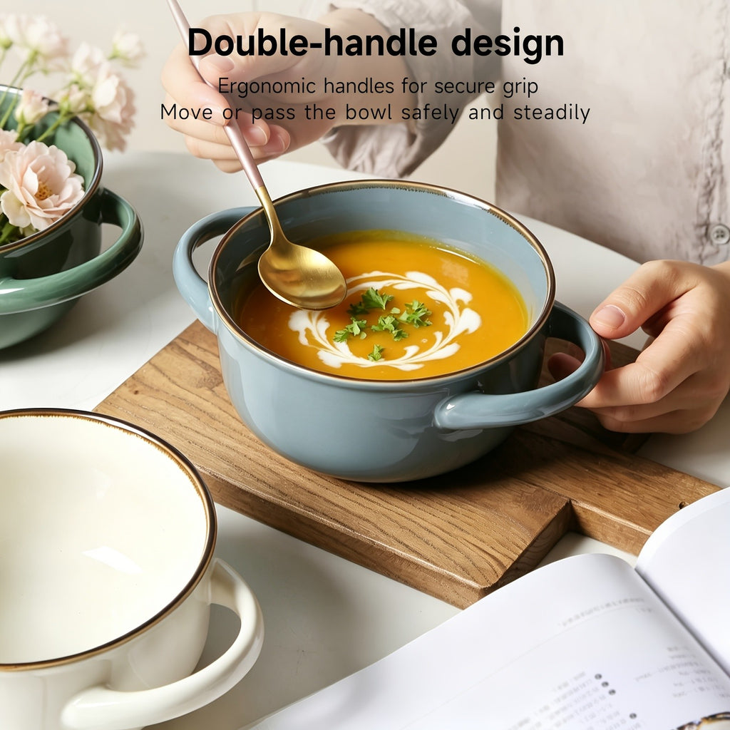 Colorful Ceramic Double-Handled Bowl Set Dopamine Style 28oz Extra-Large – Microwave & Dishwasher Safe for Soup, Salad, Pasta & Ramen – 2 or 4 Piece, Assorted Colors
