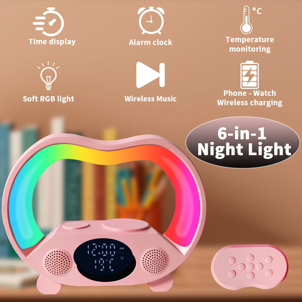 RGB Night Light 6 in 1 Wireless Speaker Alarm Clock Wireless Charging Phone Watch Temperature Display Bedroom Teen Gift Halloween Christmas Decor Black White