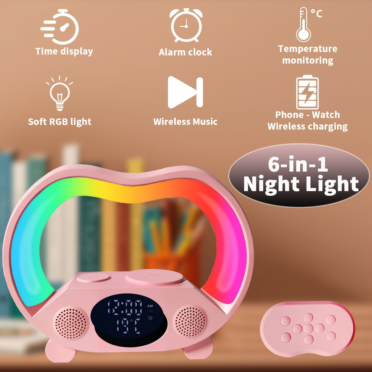 RGB Night Light 6 in 1 Wireless Speaker Alarm Clock Wireless Charging Phone Watch Temperature Display Bedroom Teen Gift Halloween Christmas Decor Black White