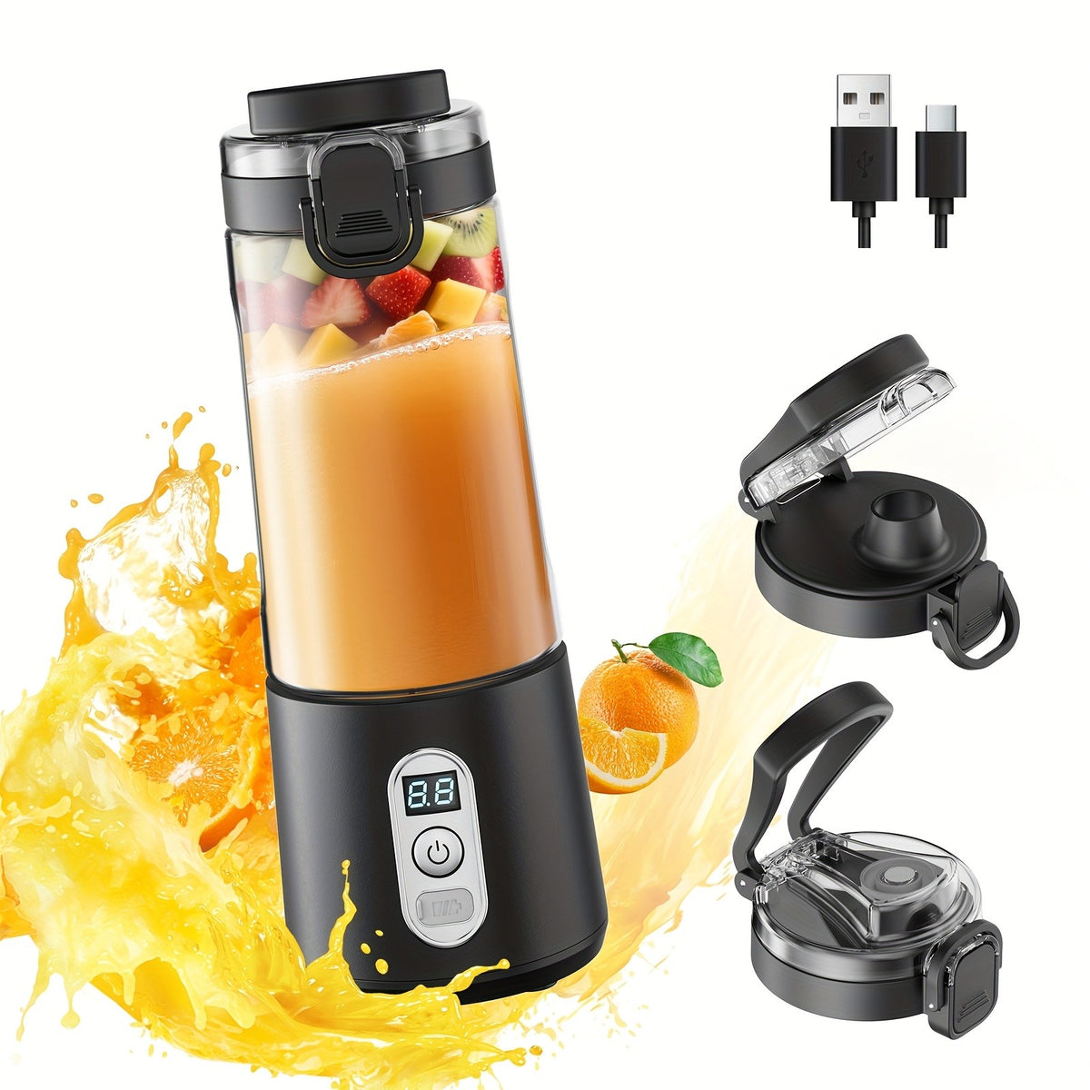 Portable Blender USB-C Rechargeable 6-Blade Stainless Steel – Ice Crush Smoothie Maker with Digital Timer, Battery Display & No-Spill Lid for Gym, Travel & Protein Shakes, Pink or White