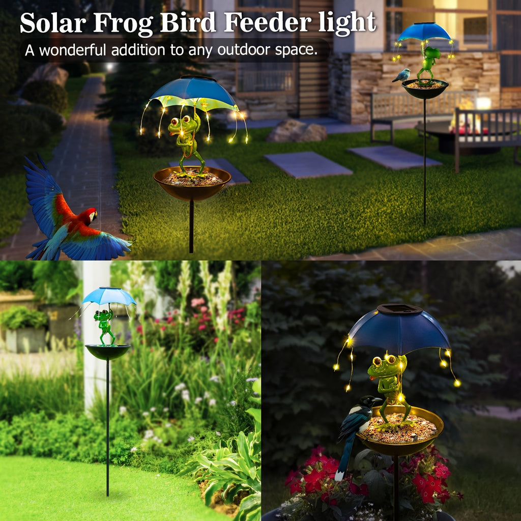 Solar Iron Frog with Umbrella Garden Statue – LED Solar Outdoor Light, Auto Dusk-to-Dawn, Bird Feeder Design for Patio, Lawn, Pathway & Deck Decor, Valentine’s Day Gift