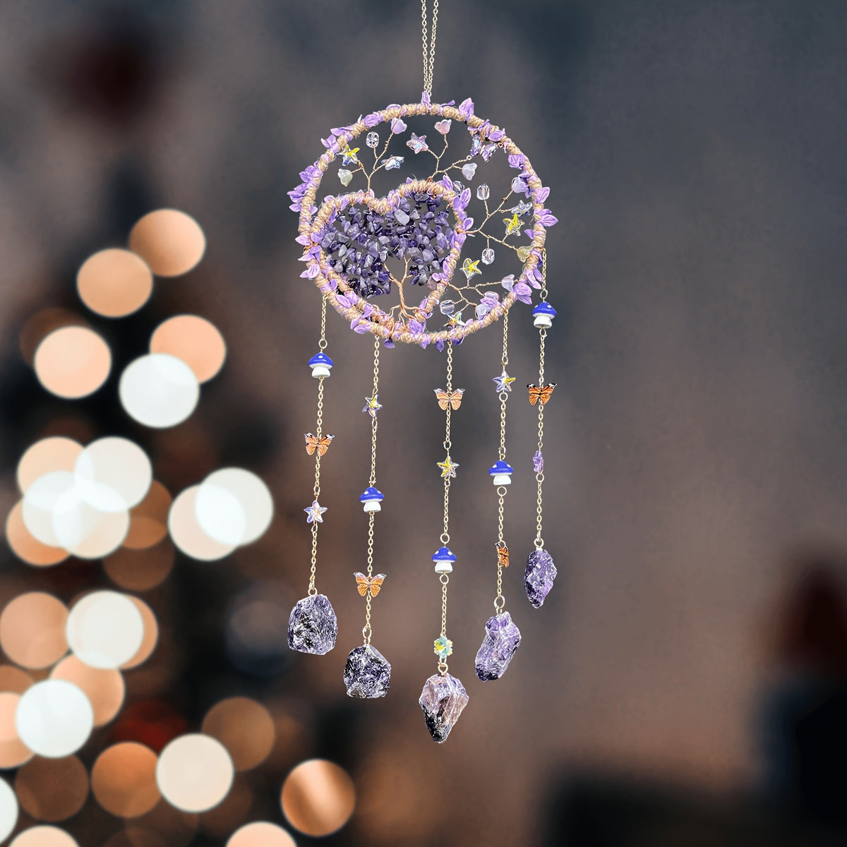 Bohemian Crystal Wall Hanging Decoration – Handmade Stone Beads, Colorful Gemstones, Heart & Circular Crystal Pendant Wind Chime – Boho Wall Decor Gift for Christmas, Mother’s Day & Thanksgiving