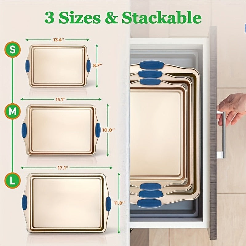 Non-Stick Baking Sheet Set with Silicone Handles – Heavy Carbon Steel Cookie Trays, Stackable, Assorted Sizes, 2/3/6/12/24 Pack for Baking & Roasting