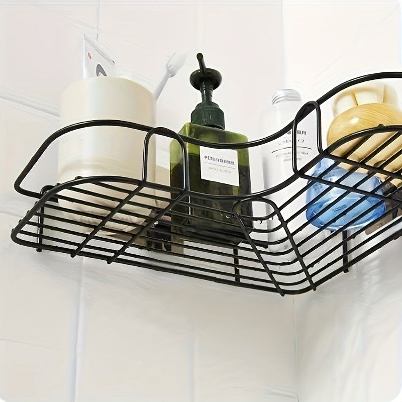 Wall-Mounted Corner Bathroom Storage Rack Set 7-Piece No-Drill Triangular Shelf with 5 Transparent Hooks, Space-Saving Bathroom Organizer for Shower, Toilet & Kitchen – White & Black