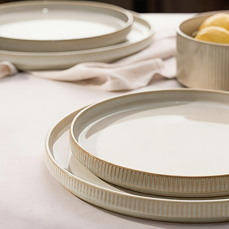 12-Piece Stoneware Dinnerware Set for 4 – Reactive Glaze Plates & Bowls, Lead-Free, Microwave & Dishwasher Safe, Raised Stripe Edge Design (Cappuccino White or Vanilla White)