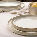 12-Piece Stoneware Dinnerware Set for 4 – Reactive Glaze Plates & Bowls, Lead-Free, Microwave & Dishwasher Safe, Raised Stripe Edge Design (Cappuccino White or Vanilla White)