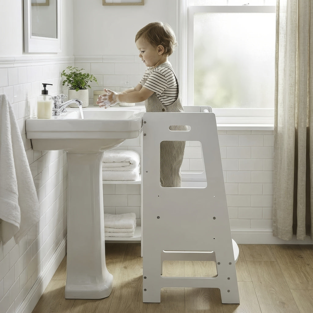 Toddler Learning Tower Kitchen Helper Stool – Safe Standing Step Stool for Kids at Kitchen Counter, Adjustable Height Toddler Tower for Cooking & Learning, Available in Random & Wood Color