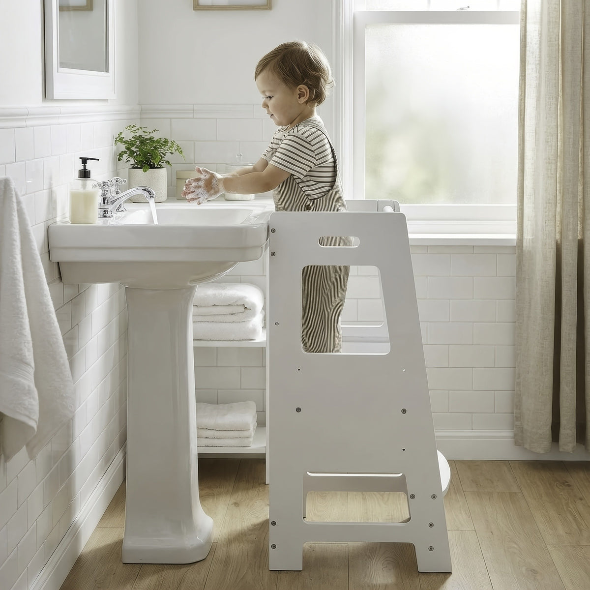Toddler Learning Tower Kitchen Helper Stool – Safe Standing Step Stool for Kids at Kitchen Counter, Adjustable Height Toddler Tower for Cooking & Learning, Available in Random & Wood Color