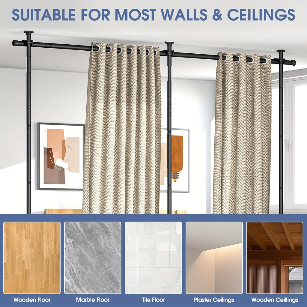 Room Divider Curtain No Drill Floor to Ceiling Tension Rod Adjustable Privacy Screen 4-10ft Height 29-146in Width Metal Frame Bedroom Office Renters Black